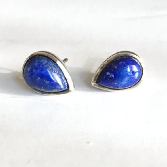 Genuine Lapis Lazuli .925 Stud Earrings Teardrop Pear-Shaped Sterling Silver - Picture 16 of 16